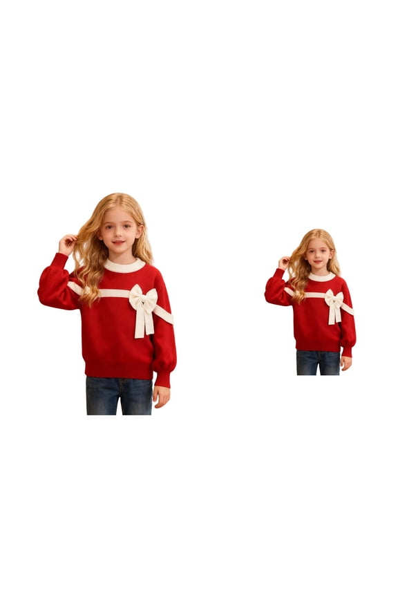 Bow Knit Sweater for Girls – Soft Warm Cozy Winter Pullover Top with Long Sleeves, Casual Korean-Inspired Patchwork Jumper for Toddlers & Big Kids
