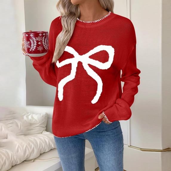 Bow Knit Sweaters for Women Drop Shoulder Oversized Christmas Holiday Pullover Sweater Crew Neck Long Sleeve Tops Casual Loose Fall Winter Party Ladies Clothes