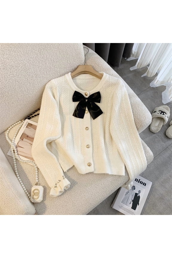 Bow Knitted Cardigan Women White Beading Sweater Outerwears Fashion Knitwears Winter Korean Long Sleeve Jumpers