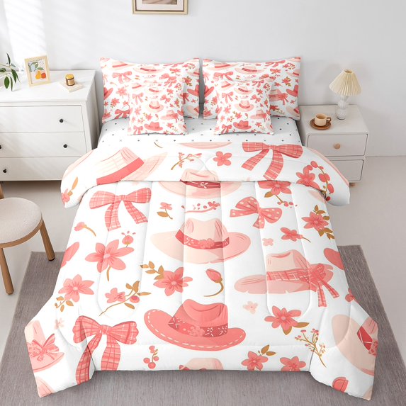 YST Bow Knot Bedding Set Queen Size 7 Piece, Cute Cowboy Hats Room Decor Bed Set, Cartoon Flowers Printed Kids Girls Bed in a Bag Bedding Bed Sets, White Pink Lattice Bows Bed Sheets Set