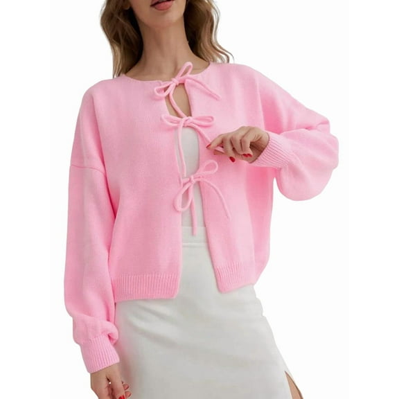 Bow-Knot Cardigan Sweaters for Women Trendy 2025 Fall Winter Open Front Long Sleeve Button Down Cropped Lady Jacket Pink L