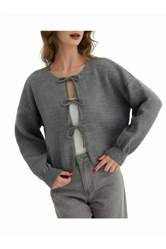 Bow-Knot Cardigan for Women Trendy 2025 Fall Winter Open Front Long Sleeve Button Down Cropped Jacket Grey M