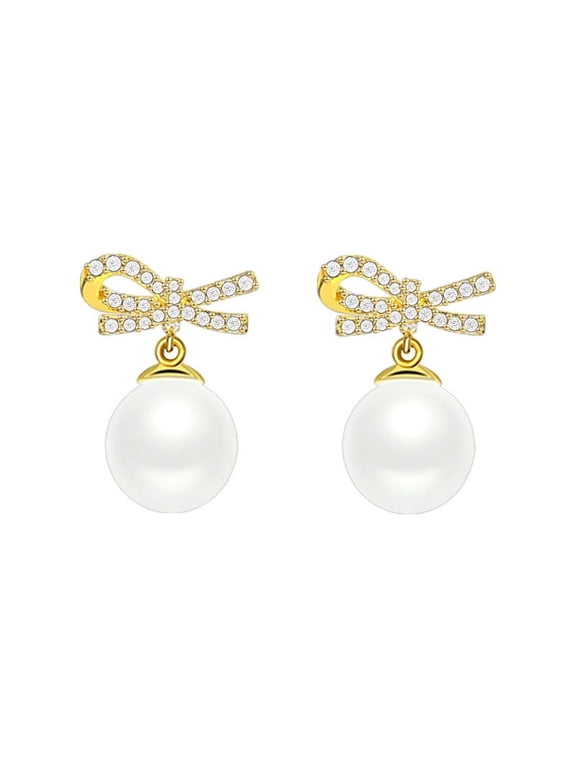 Bow Knot Dangle Stud Earrings with Imitation Pearl and Synthetic Crystal for Women, Jewelry Gift for Wife Girlfriend Mother, Gold