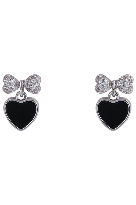 Bow Knot Earrings with Black Heart, Windy Vibe Studs for Everyday Fashion, 4 g, Black