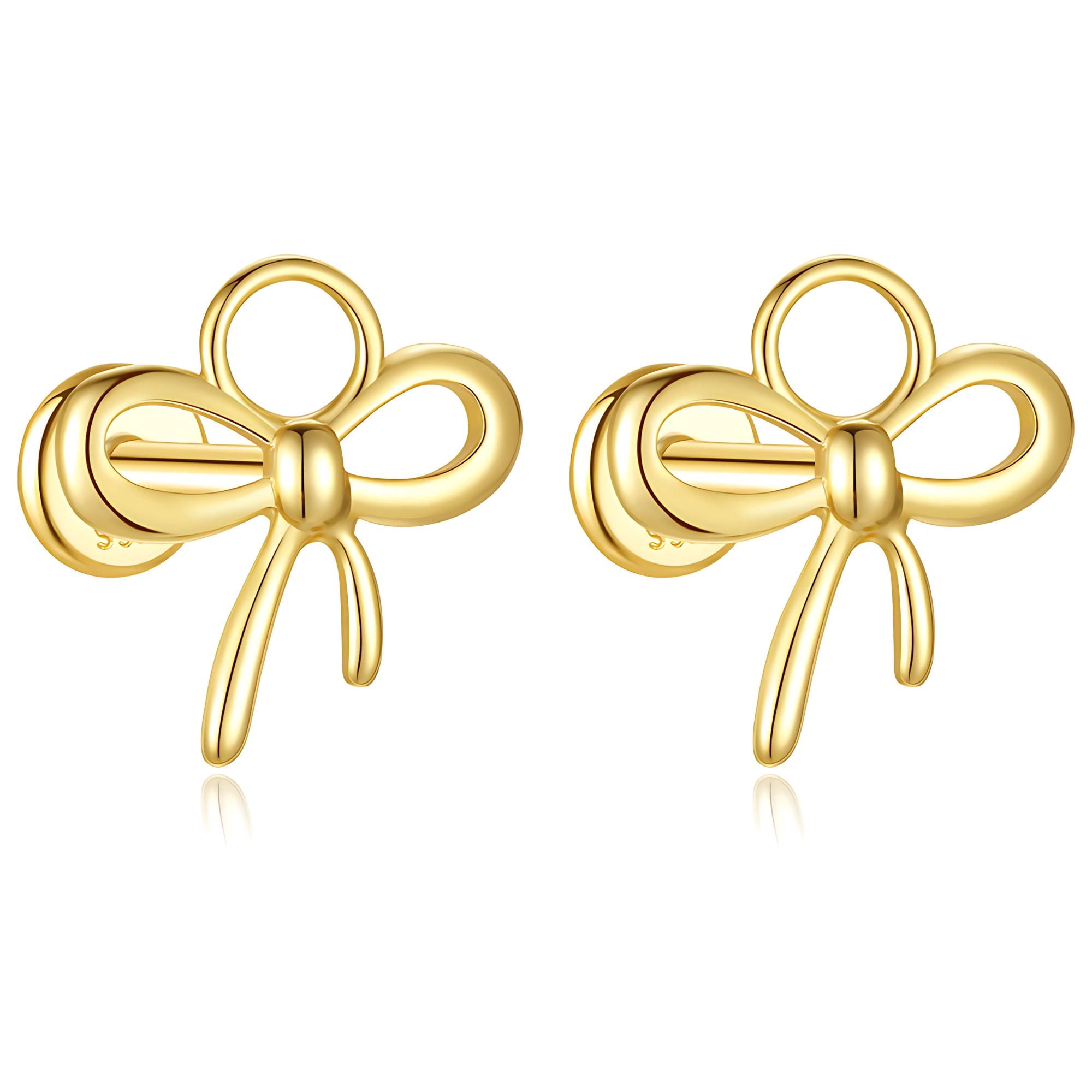Bow Knot Flat Back Earrings for Cartilage Helix Tragus Lobe 14 kt Gold Plated Sterling Silver Pair by Ginger Lyne