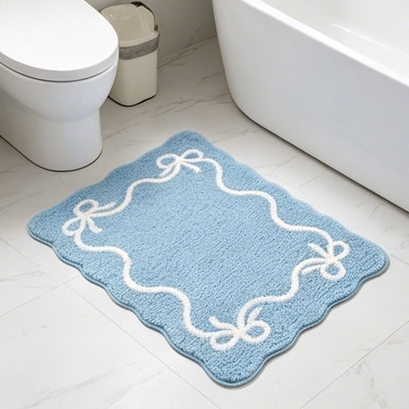 Bow Knot Pattern Soft Absorbent Bath Mat, Non-Slip Bathroom Floor Rug with Rubber Backing, Cute Bow Tie Carpet for Bedroom Living Room Home Decor Accent, Blue