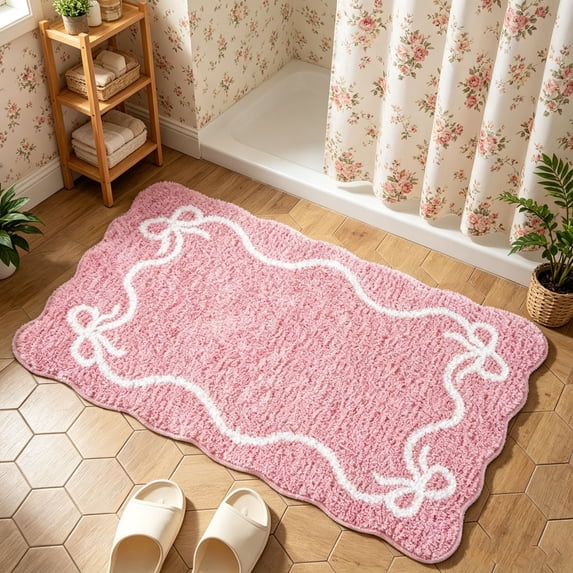 Bow Knot Pattern Soft Absorbent Bath Mat, Non-Slip Bathroom Floor Rug with Rubber Backing, Cute Bow Tie Carpet for Bedroom Living Room Home Decor Accent, Pink