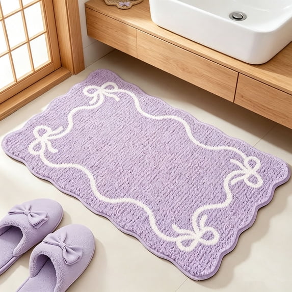 Bow Knot Pattern Soft Absorbent Bath Mat, Non-Slip Bathroom Floor Rug with Rubber Backing, Cute Bow Tie Carpet for Bedroom Living Room Home Decor Accent, Purple