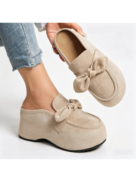 Bow Knot Platform Mules, Slip On Closed Toe Casual Shoes (Women's)