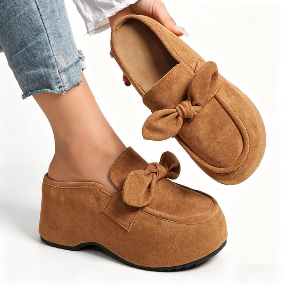 Bow Knot Platform Mules, Slip On Closed Toe Casual Shoes (Women's)