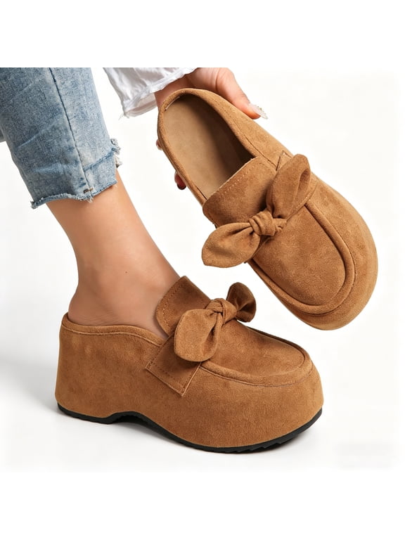 Bow Knot Platform Mules, Slip On Closed Toe Casual Shoes (Women's)
