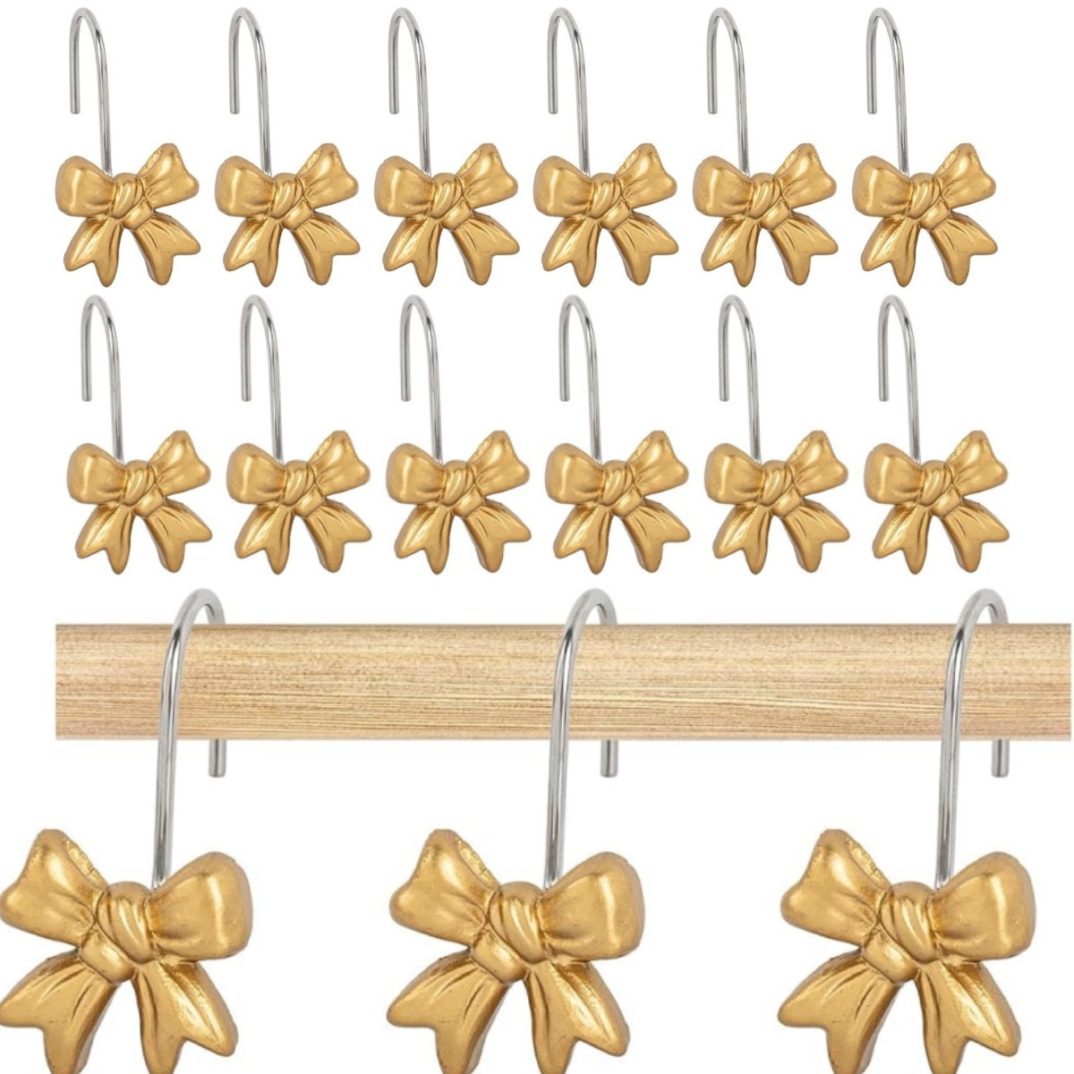 Bow Knot Shower Curtain Hooks,Rustproof Shower Hangers,Pack of 12 Resin Bow Curtain Hooks for Bathroom,Room,Art Decors (Gold)