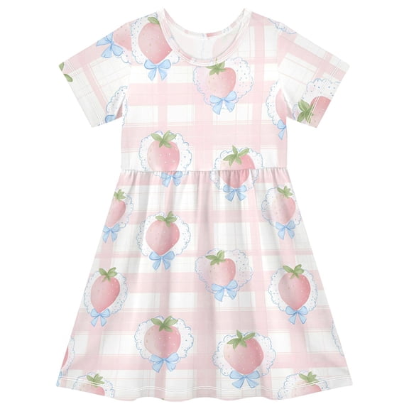 Bow Knot Strawberry Short Sleeve Dress A-Line Cute Midi Casual Sundress 2-8 Years