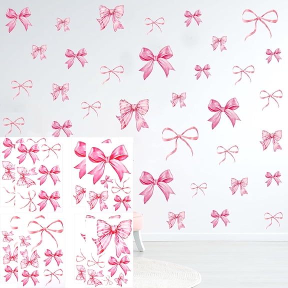 Bow Knot Wall Stickers,Bexikou 16 Sheets Pink Bow Wall Decor Watercolor Removable Wall Decals for Christmas, Birthday Party, Nursery, Bathroom, Gift Decorations