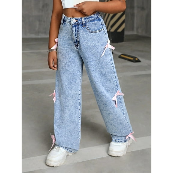 Bow Knot Zip Up Denim Pants Loose Fit (M, Blue)