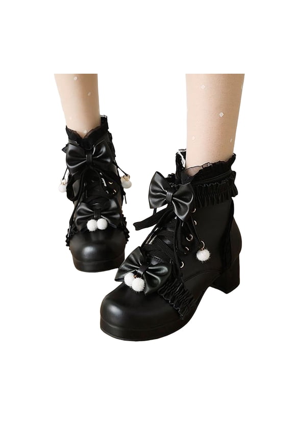 Bow Lace Platform Mid Calf Combat Boots for Women Girls Bowknot Pompom Uniform Cosplay Dress up Short Booties Black