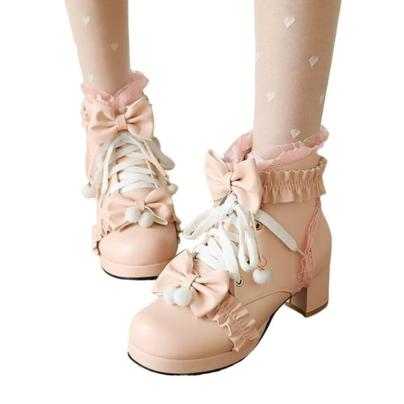 Bow Lace Platform Mid Calf Combat Boots for Women Girls Bowknot Pompom Uniform Cosplay Dress up Short Booties