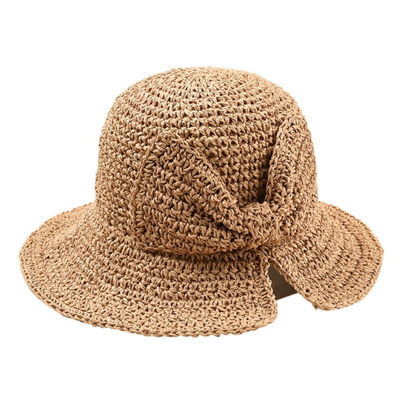 Bow Large Brim Straw Hat, Foldable Beach Sun Cap, Women Outdoor Woven Headwear, Light Breathable Portable Hat for Vacation Outing Sun Protection Fashion Hat,Khaki