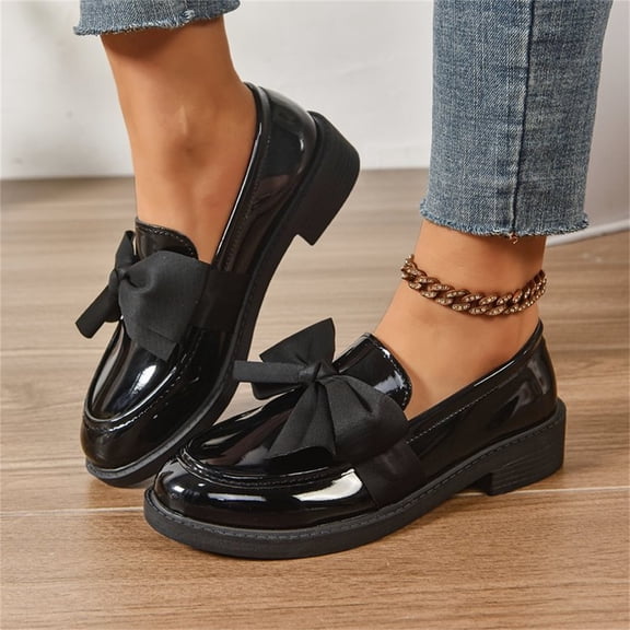 Bow Loafers for Women's Patent Leather Chunky Heel Dress Shoes Elegant Round Toe Platform Non-Slip Lug Sole Casual Work School Shoes for Office Everyday Wear,Black Size 40