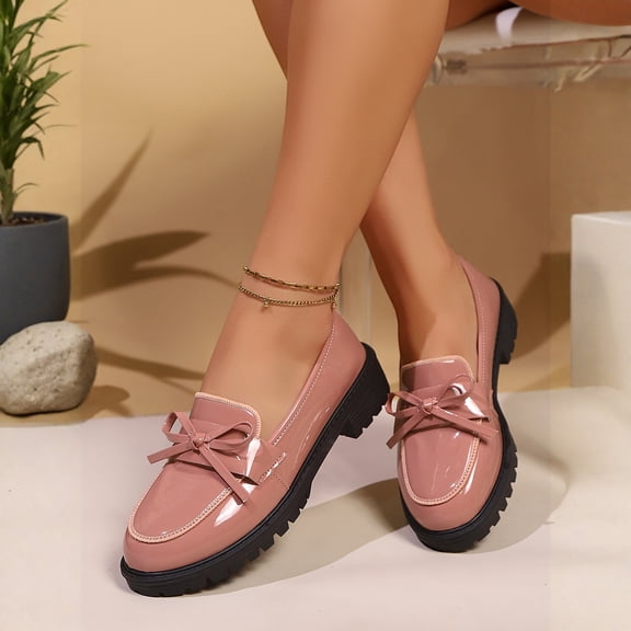 Bow Loafers for Women's Leather Chunky Heel Dress Shoes Elegant Round Toe Non- Lug Sole Casual Work School Shoes for Business Everyday Wear Pink