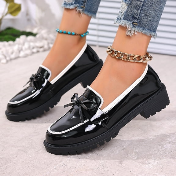 Bow Loafers for Women's Leather Chunky Heel Dress Shoes Elegant Round Toe Non- Lug Sole Casual Work School Shoes for Business Everyday Wear White