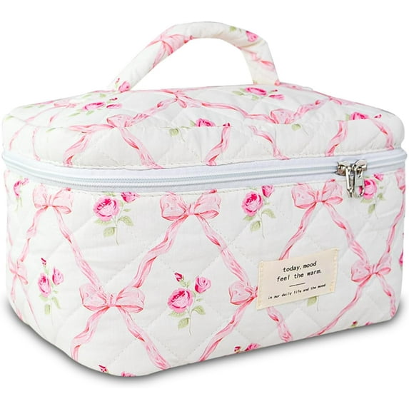 Bow Makeup Bag Organizer, Travel Makeup Bags for Women, Quilted Cosmetic Bag for Women, Large Travel Toiletry Bag, Cute Makeup Bags for Teen Girls, Cute Toiletry Bag Organizer