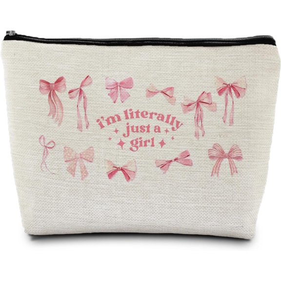 Bow Makeup Bag, Preppy Bow Gifts Supplies Bags for Women, Girly Makeup Pounch, Trendy Preppy I'm Literally Just a Girl Zipper Pouches for Purse