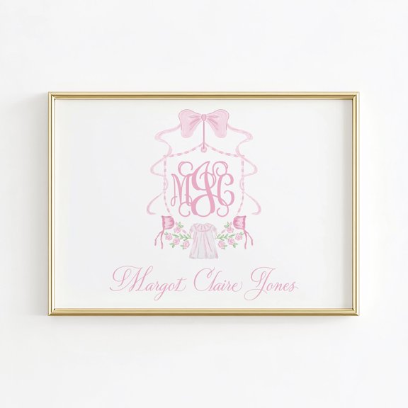 Bow Monogram Crest Grandmillennial Bonnet Heirloom Name Above Crib Nursery Poster , Poster Print Only