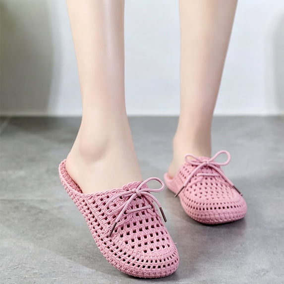 Bow Mules for Women Woven Mesh Jelly Beach Sandals Slip On House Slippers Lace Up Hollow Water Slides Barefoot Dress Shoes Waterproof Lightweight Breathable BacklessIndoor Outdoor
