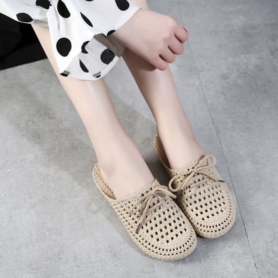 Bow Mules for Women Woven Mesh Jelly Beach Sandals Slip On House Slippers Lace Up Hollow Water Slides Barefoot Dress Shoes Waterproof Lightweight Breathable BacklessIndoor Outdoor