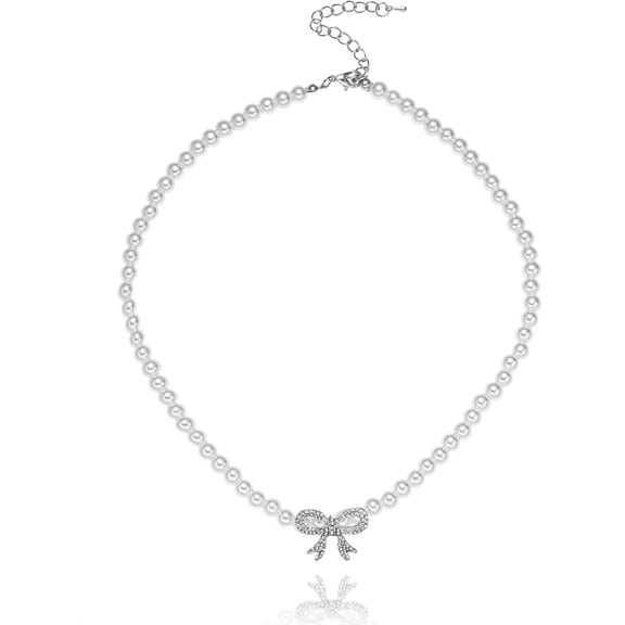 Bow Necklace Boho Butterfly Trendy Dainty Choker Sparkly 5Mm Pearl Necklace Fake String Of Pearls Nice Chunky Short Crystal Silver Rhinestone Bow Butterfly Pendant Necklace For Women Wedding[o132]