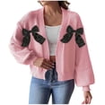 thumbnail image 1 of Bow Open Front Cardigans for Women Oversized Lantern Sleeve Chunky Knit Casual Sweater Pink L, 1 of 5