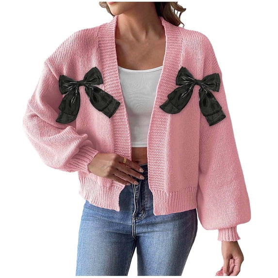 Bow Open Front Cardigans for Women Oversized Lantern Sleeve Chunky Knit Casual Sweater Pink L