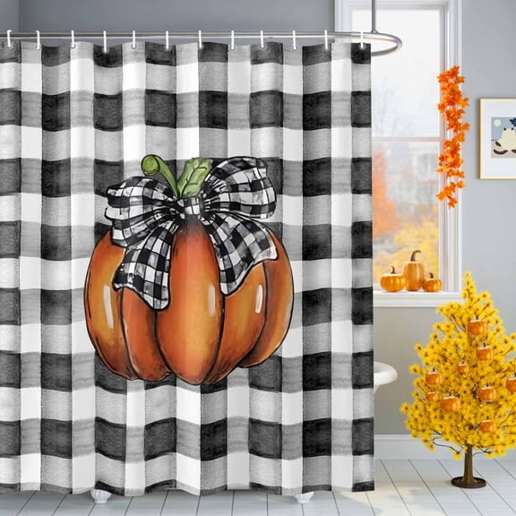 Bow Orange Pumpkin Shower Curtains for Bathroom, Fall Thanksgiving Black White Plaid Country Waterproof Fabric Shower Curtain for Bathroom Bathtub Decoration, Machine Washable, 36"x72"