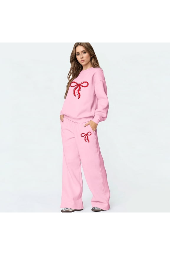 Bow Outfits Bow Matching Sweat Sets for Women Bow Hoodie Set Bow Sweatpants Set Weatsuits Women 2 Piece Outfit Bow Graphic Cute Hoodies Matching Wide Leg Sweatpants Lounge Sets Sweat Set, Pink XL