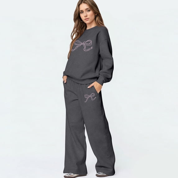 Bow Outfits Bow Sweatsuit Bow Matching Sweat Sets for Women Bow Sweatpants Set Sweat Suits for Womens 2 Piece Cute Pullover Sweatshirts Oversized Wide Leg Baggy Sweatpants With Pockets, Light Gray L