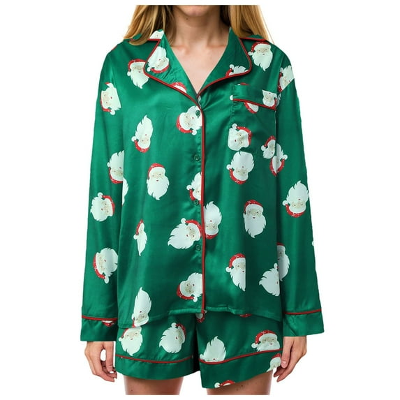 Bow Pajama Sets for Women,Women Christmas Silk Pajamas Xmas 2 Piece Bow Tie Loungewear Long Sleeve Button Down Bow Pjs Shorts Set