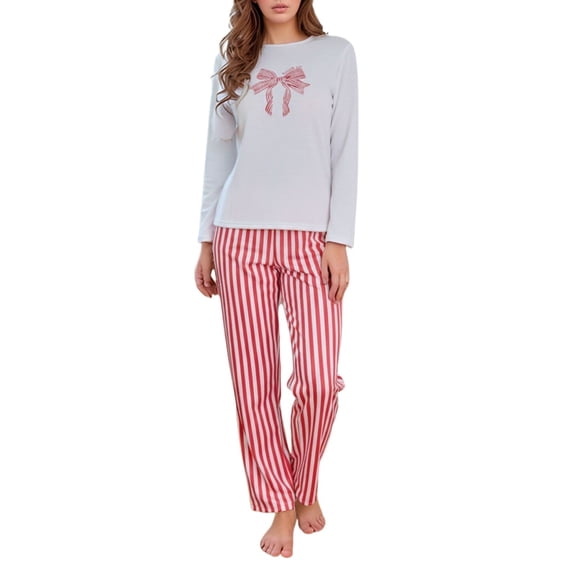 Bow Pajamas for Women Casual Heart Bow Long Sleeve Sleepwear Pants 2 Piece Homewear Set White M