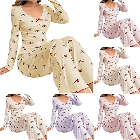 Bow Pajamas for Women Stretch Long Sleeve Sleepwear Trousers Comfortable Valentine 2 Piece Pjs Sets Yellow L