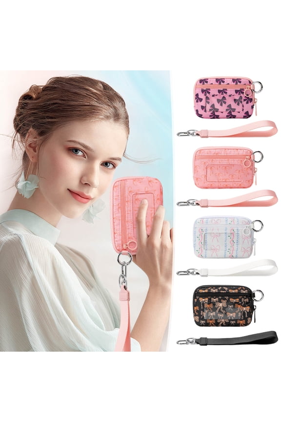 Bow Pattern Wristlet Pouch, Waterproof Design With Clear Card Slot, Portable And Stylish, Polyester Material, Ideal For Travel Commute And Everyday Essentials Storage