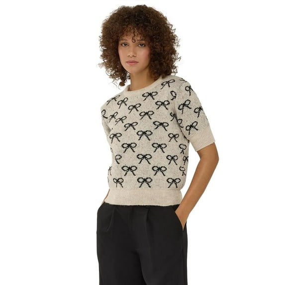Bow Patterned Short Sleeve Sweater