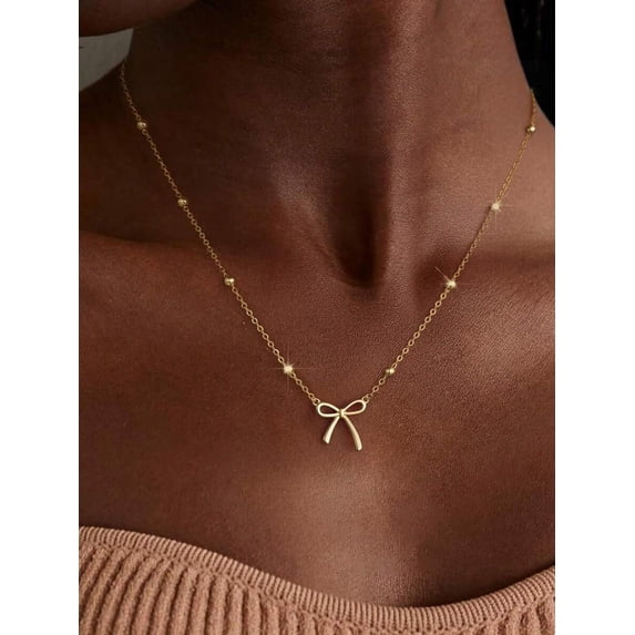Bow Pendant Beaded Chain Necklace Multicolor Goldtone Fashion Jewelry