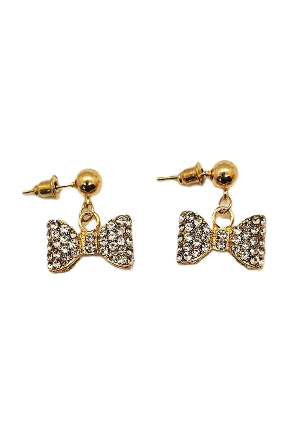 Bow Pendant Clear Earrings, Gold Tone Women Jewelry, Birthday Anniversary, Valentines Holidays Gifts for Her