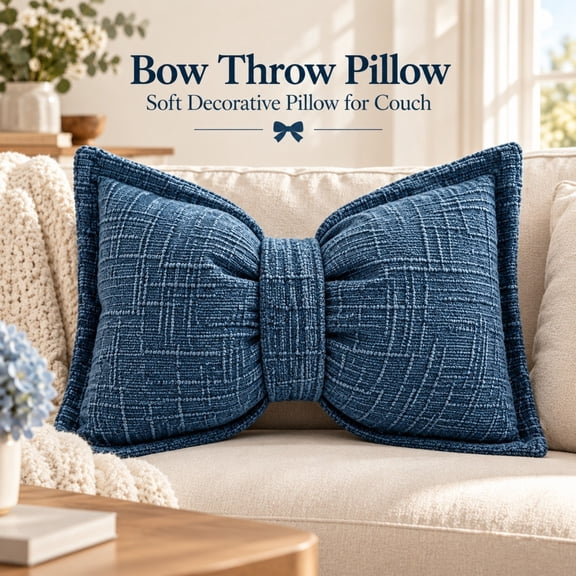 Bow Pillow 11.8 X 19.7 in Chenille Waist Cushion Vintage Texture Scandinavian Decorative Throw Pillow for Sofa Bed Living Room Bedroom Home Decor, Soft Lumbar Support, Home Decor Pillow, Blue