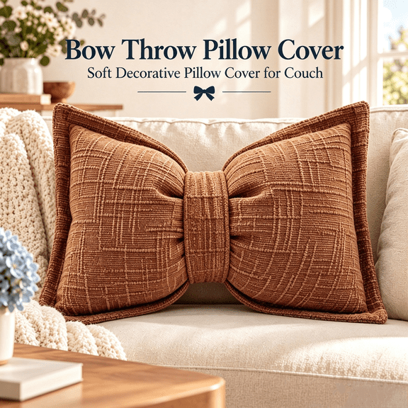 Bow Pillow 12 x 20 Inch Boho Decorative Throw Pillows Chenille Textured Lumbar Pillows Large Bow Shaped Cushion for Bed Sofa Couch Living Room Bedroom Home Car Decor,