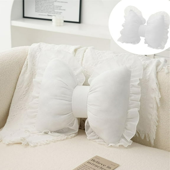 Bow Pillow for Couch, Bow Pillow Throw Pillow, Ruffle Lace Bow Pillows Decorative, Cute Bow Shaped Pillows for Sofa Couch Bed Living Room Bedroom (White/1 Pcs) 15.74x12.59"