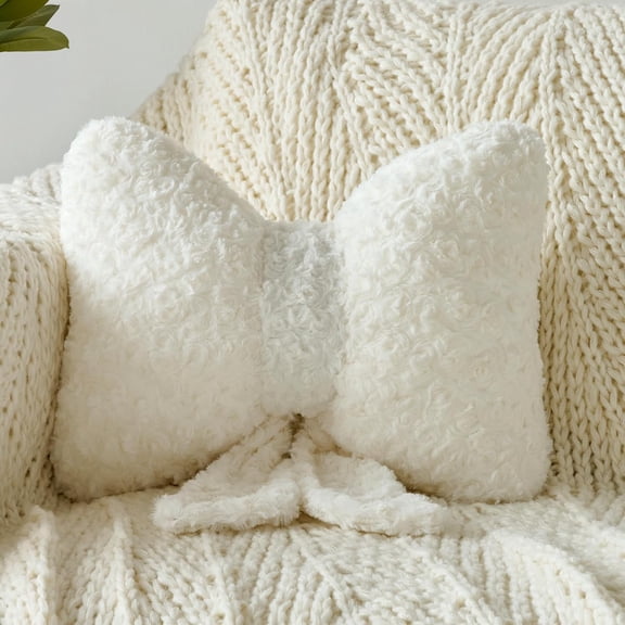 Bow Pillow, Decorative Bow Pillows with Soft Plush for Couch Bed, Bow Shaped Throw Pillow Room Decor for Bedroom, Bow Decorative Pillow for Living Room (White, Small-12 Inches)