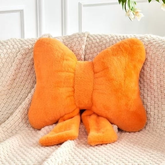 Bow Pillow, Soft Bow Decorative Pillows with Faux Rabbit Fur, Cute Bow Throw Pillows, Aesthetic Home Decor Bow Shaped Plush Pillow for Bedroom Sofa Couch (Orange, Small-12 Inch)