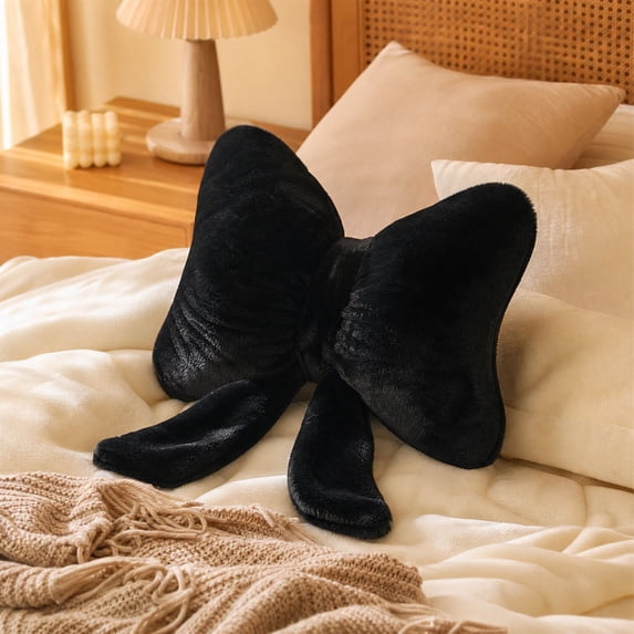 Bow Pillows for Girls Cute Pillow Soft Plush Bow-Shaped Throw Pillow Aesthetic Decorative Cushion for Bed Sofa Couch Bedroom Living Room Home Decor,Black-19.69*14.96inch