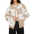 thumbnail image 1 of Bow Plaid Button Long Sleeve Women's Color Block Cardigan Knitted Jacket, 1 of 6